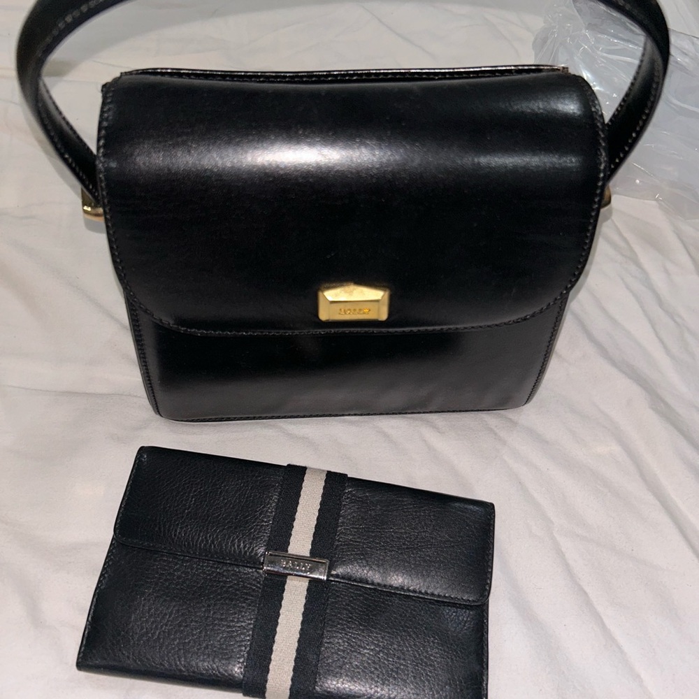 Bally Black Leather Bag and Wallet with Gold Accents